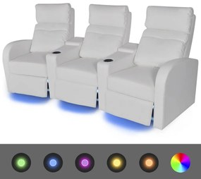 243597 vidaXL Poltrona reclinável LED 3 lugares, couro artificial, branco