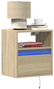 Mesa de cabeceira de parede com luzes LED carvalho sonoma