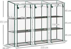 Estufa de jardim com prateleiras de 3 níveis, estufa de varanda com 3 portas enroláveis com fecho de correr, 215 x 46 x 151 cm, transparente