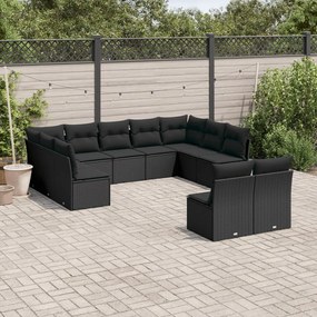 11 pcs conjunto sofás de jardim c/ almofadões vime PE preto