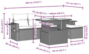 6 pcs conjunto de sofás p/ jardim com almofadões vime PE bege