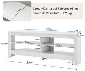 Móvel de canto para TV com tomada eléctrica de 3 níveis e 4 Estantes abertas para TVs até 65'' para Sala de estar Quarto Branco