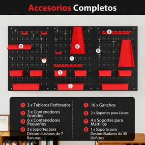 Organizador de parede ferramentas (Não incluidas) 120 x 60 x 2 cm com painel perfurado com 9 recipientes Suportes para martelos Preto e vermelho