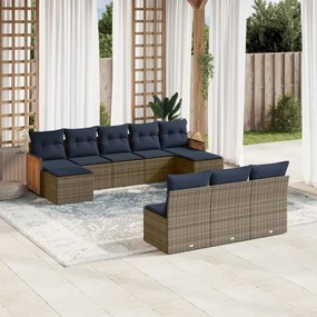 vidaXL 10 pcs conjunto sofás p/ jardim c/ almofadões vime PE cinzento