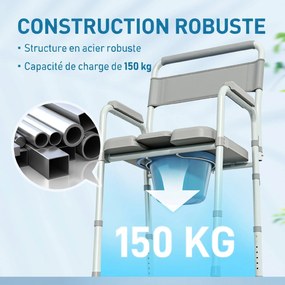Cadeira de sanita dobrável, antiderrapante e com altura ajustável, assento e braços almofadados, capacidade de 150 kg, cinzento