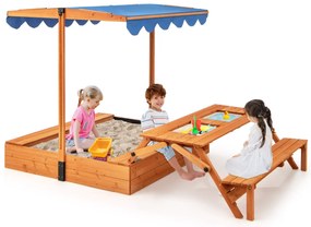 Caixa de areia de madeira para 3+ anos com mesa e banco dobráveis, guarda-sol ajustável e giratório, natural e azul