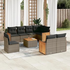 9 pcs conjunto sofás p/ jardim com almofadões vime PE cinzento