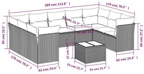 10 pcs conjunto sofás de jardim c/ almofadões vime PE preto
