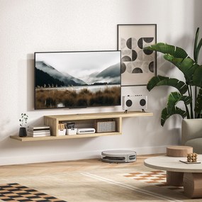 Móvel de TV de Parede Flutuante, 152 x 29 x 21 cm, Com 2 Passa-Fios, cor Carvalho Claro