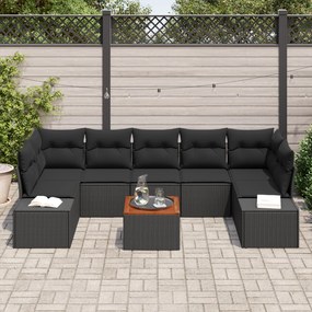 Conjunto de Sofá de Jardim com Almofadas Preto Polirattan Acácia
