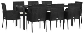 9 pcs conjunto de jantar p/ jardim c/ almofadões vime PE preto