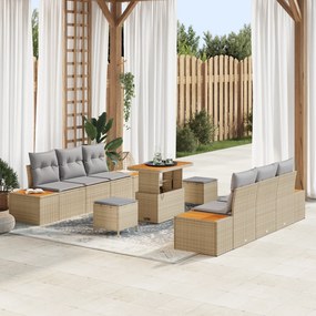 Conjunto de Sofá de Jardim de 9 Peças com Almofadas Bege de Polyrattan