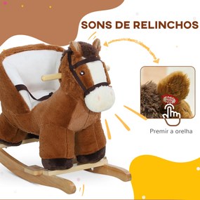 Cavalo Baloiço para Crianças de 18-36 Meses com Sons Cinto de Segurança e Base de Madeira Carga 25 kg 68x33x45 cm Castanho