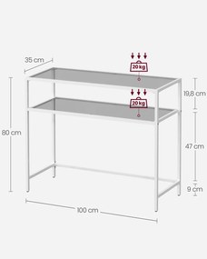 Mesa Consola em vidro temperado 35 x 100 x 80 cm branca e cinzento ardósia