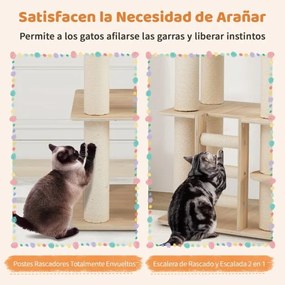 Arranhador para gatos de madeira 185 CM com Postes para arranhar Escada Suporte para trepar Natural