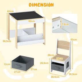 Conjunto de mesa e cadeiras para crianças Mesa de atividades em madeira com tampo reversível Prateleiras para livros e gavetas Natural + Branco