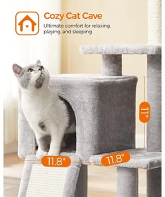 Arranhador para gatos com vários níveis, árvore para gatos com caverna 42 x 32 x 118 cm cinza claro