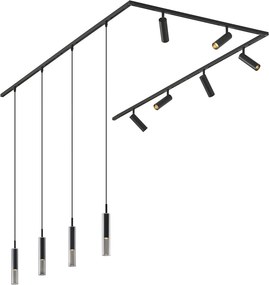 Sistema de calhas de iluminação moderno preto com 6 focos e 4 candeeiros suspensos monofásicos - Slimline Uzzy Loyce