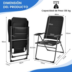Conjunto de 2 Cadeiras de jardim almofadada com 7 posições de encosto ajustáveis Piscina Pátio Praia Pretas
