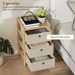 Cómoda de Bambu com 3 Gavetas de Tecido, Compacta para Espaços Pequenos, Creme e Madeira