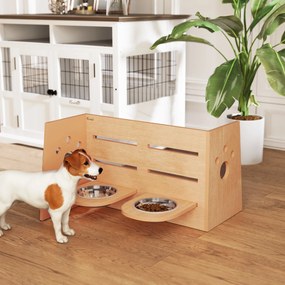 Comedouro elevado para cães com 3 alturas ajustáveis 63 x 58,5 x 40 cm, comedouro para cães com 2 tigelas em aço inoxidável, em cor carvalho
