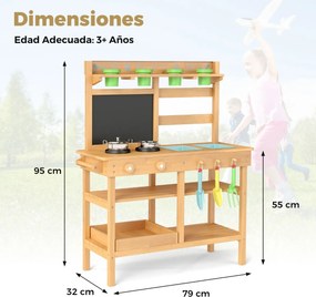 Cozinha de brincar para crianças de madeira 79 x 32 x 95 cm para exterior com torneira Pias removíveis Quadro negro Placas de cozedura natural