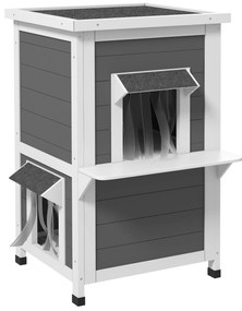 PawHut Casa para Gatos de Madeira 60x60x81,5 cm de 2 Níveis com Cortina e Portas com Beirais Impermeáveis Cinza e Branco