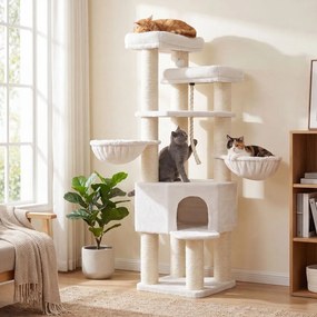 Arranhador para gatos 55 x 55 x 186,7 cm, árvore para gatos de vários andares, troncos grossos de sisal Branco creme