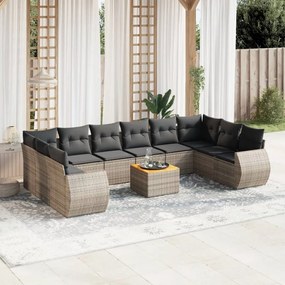 11 pcs conjunto sofás de jardim c/ almofadões vime PE cinzento