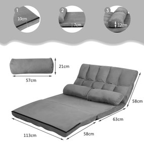 Sofá de chão ajustável Sofá-cama dobrável em 6 posições Revestimento removível em camurça com 2 almofadas Cinza