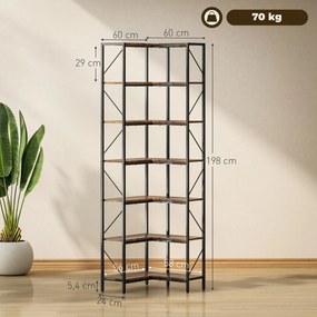 Estante de canto industrial com 7 níveis e prateleiras de arrumação, 60 x 60 x 198 cm, castanho rústico