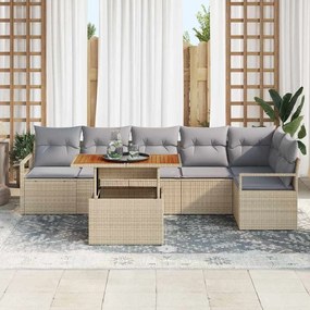 Conjunto de sofá de jardim com 7 peças e almofadas bege, feito de ratt