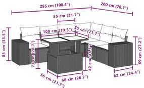 7 pcs conjunto sofás p/ jardim c/ almofadões vime PE cinzento