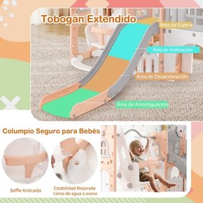 Conjunto de baloiço e escorrega 10 em 1 para crianças com cesto de basquetebol telescópico e corredor infantil Cinza + Rosa