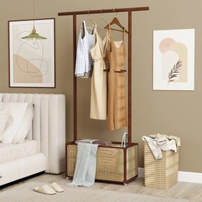 Guarda Roupa de bambu 100 x 32,5 x 172 cm Suporte para pendurar casacos com cesto de rattan para arrumação e rodas e Barra natural