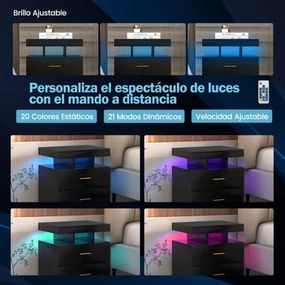 Mesa de cabeceira LED com 2 gavetas Mesa de cabeceira moderna com modo de luz ajustável e controlo remoto 50 x 40 x 58 cm Preto