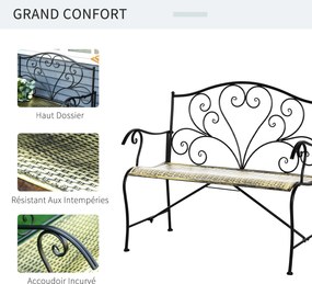Banco de jardim de 2 lugares 100 x 50 x 88 cm, estilo neo-retro, em ferro forjado, com linhas afiladas, em metal preto dourado, com efeito envelhecido