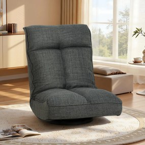 Cadeira de chão dobrável com rotação de 360°, cadeira de chão estofada com encosto ajustável em 5 posições, 58 x 107 x 79 cm, cinzenta