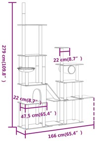 Árvore p/ gatos c/ postes arranhadores sisal 279 cm cinza-claro