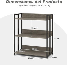 Estante de 3 prateleiras ajustáveis e estrutura metálica para cozinha, sala 70 x 35 x 81 cm Cinzenta