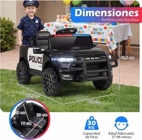 Carro Elétrico Infantil de Polícia, 96,5 x 61 x 48,5 cm, Com Comando à Distância, Preto e branco