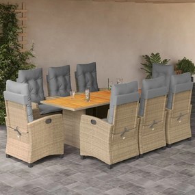 vidaXL 9 pcs conj. jantar jardim c/ almofadões vime PE bege misturado