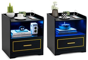 Conjunto de 2 mesas-de-cabeceira LED com Estante Gaveta Porta USB 3 Cores de Luz e Iluminação Ajustável para Quarto 45 x 40 x 50 cm Preto