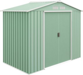 Abrigo de Jardim 213x130x185cm Abrigo de Jardim Metálico de Exterior com 2 Portas Deslizantes e 4 Janelas Verde Claro