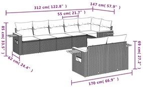 8 pcs conjunto sofás p/ jardim c/ almofadões vime PE cinzento