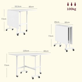 Mesa Dobrável de Cozinha para 4-6 Pessoas Mesa de Sala de Jantar Dobrável com Rodas e Laterais Dobráveis 120x80x73 cm Branco