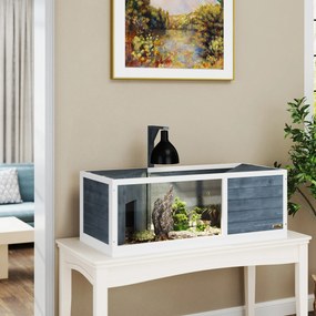 Casa para tartarugas com recinto120 x 50 x 40 cm , teto basculante, suporte para lâmpada, prateleira e janela panorâmica, cinzenta