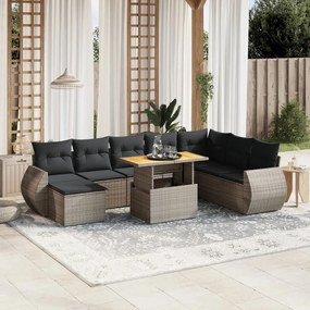 9 pcs conjunto sofás p/ jardim com almofadões vime PE cinzento