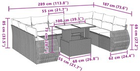 10 pcs conjunto sofás de jardim c/ almofadões vime PE cinzento
