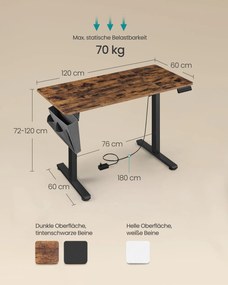 Secretária elétrica com altura ajustável 60 x 120 x (72-120) cm Castanho vintage-Preto